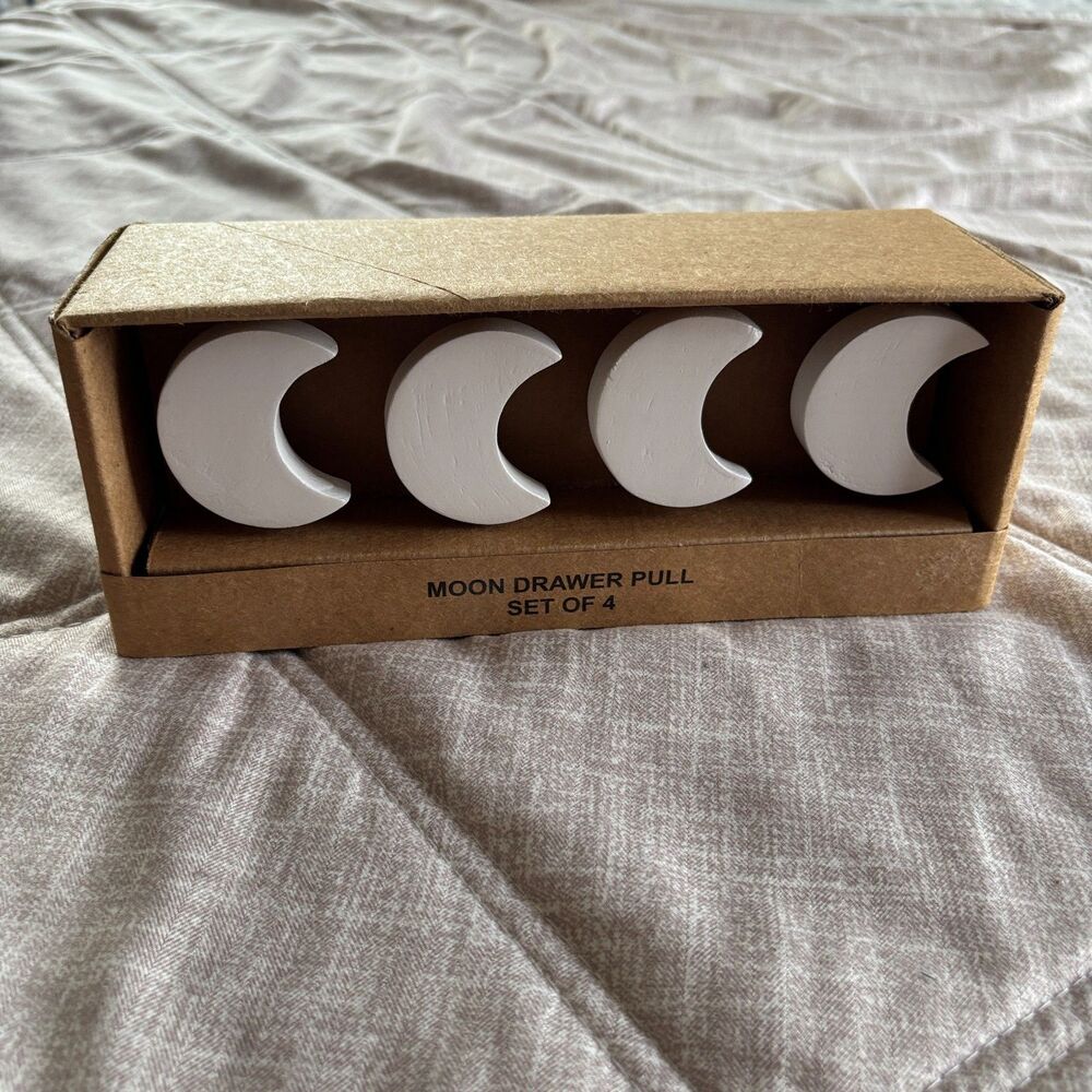 Set of 4 White Wooden Moon Drawer Pulls Crescent Cabinet Knobs Boho Decor